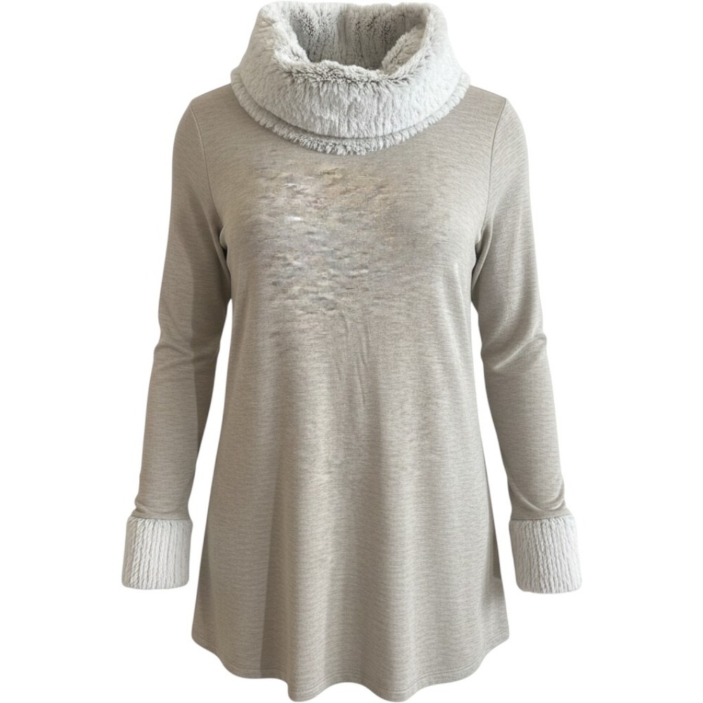 C. Est. 1946 Top Women L Oatmeal Faux Fur Cowl Neck Tunic Long Sleeve Heathered